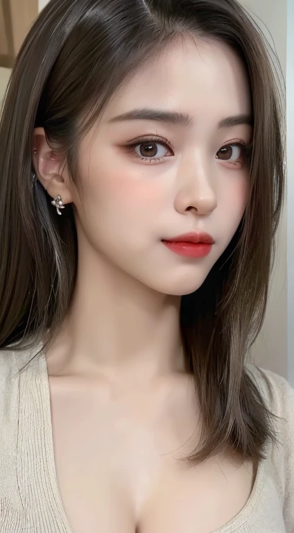 ((highest quality, 8k, masterpiece :1.3)), 1 person, Beautiful woman with slim abdominal muscles: 1.3, (Casual Hairstyles, Big Breasts: 1.2), Casual wear: 1.2, interior, Highly detailed face, Delicate eyes, double eyelid, Soft Breasts, smile, Exposed cleavage