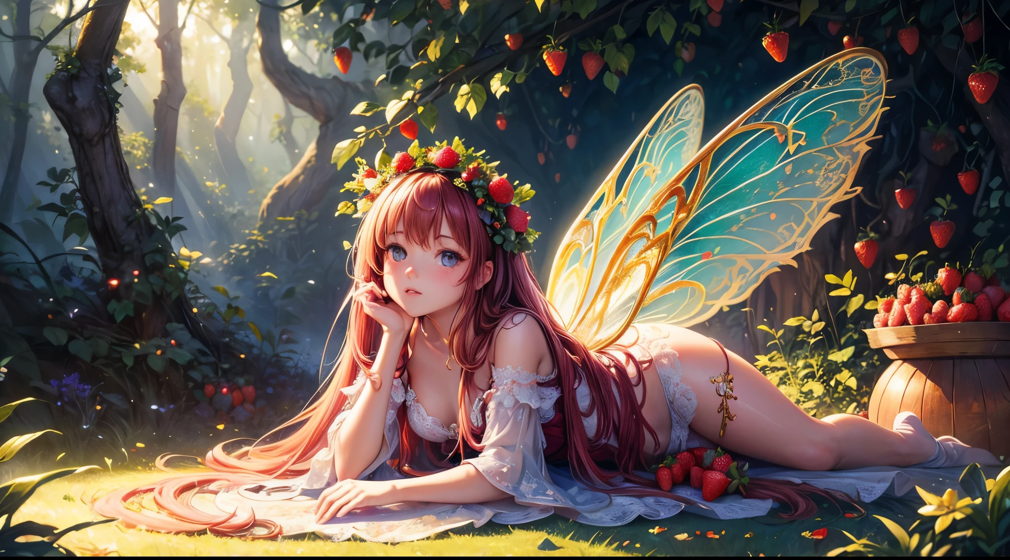 ( Absurd, High quality, ultra-detailed, masterpiece, concept art, smooth, highly detailed artwork, hyper-realistic painting ) , tiny , strawberry girl, Strawberries, cute, whole body, Romantic, Vivid, dreamy, fantasy, fairy wings, in the forest, enchanting glow, very detailed art, reveal clothes, sexy lace underwear
