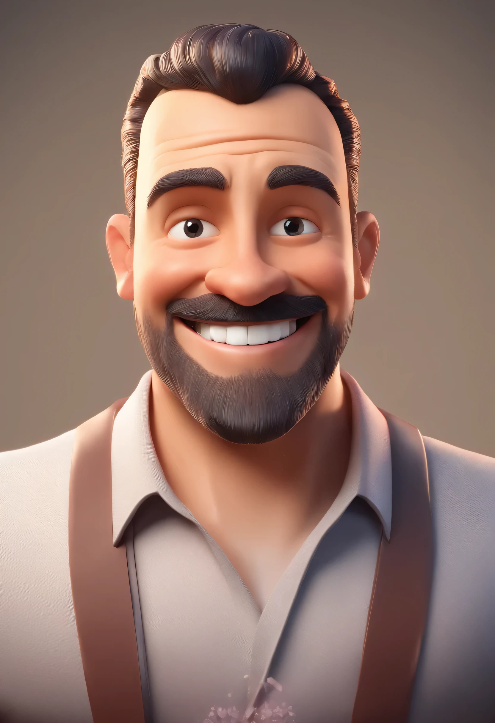 Illustration of smiling man, sorriso insano, Homem de pele marrom com um sorriso gigante, smiling happily at the camera, sorriso atrevido, he is smiling, sorriso muito grande, Macho sorridente, foto de perfil headshot, rindo sorriso enorme, desenhando no estilo de Arte 3D, C4D, fundo de cor branco puro, estilo disney, estilo pixar render ilustracao Super Detalhe, 8k