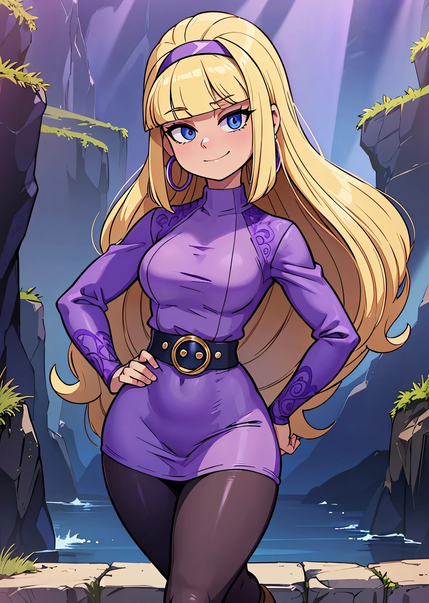 [Pacifica], [Gravity Falls], ((masterpiece)), ((HD)), ((high res)), ((solo portrait)), ((waist-up)), ((front view)), ((detailed shading)), ((soft textures)), ((intricate details)), ((anime girl)), ((cinematic)), {attractive; (long blonde hair), (bell-shaped bangs), (cute dark-blue eyes), (curvy hips), (beautiful legs), (cute grin)}, {(lavender-purple pencil dress), (purple jacket), (black leggings), (purple waist belt), (brown boots with fur), (lavender-purple hairband), (lavender-purple hoop earrings)}, {(standing), (hands on hips), (looking at viewer)}, [background; (grass plains), (sun rays), (blue sky), (clouds in sky), (ambient lighting)]