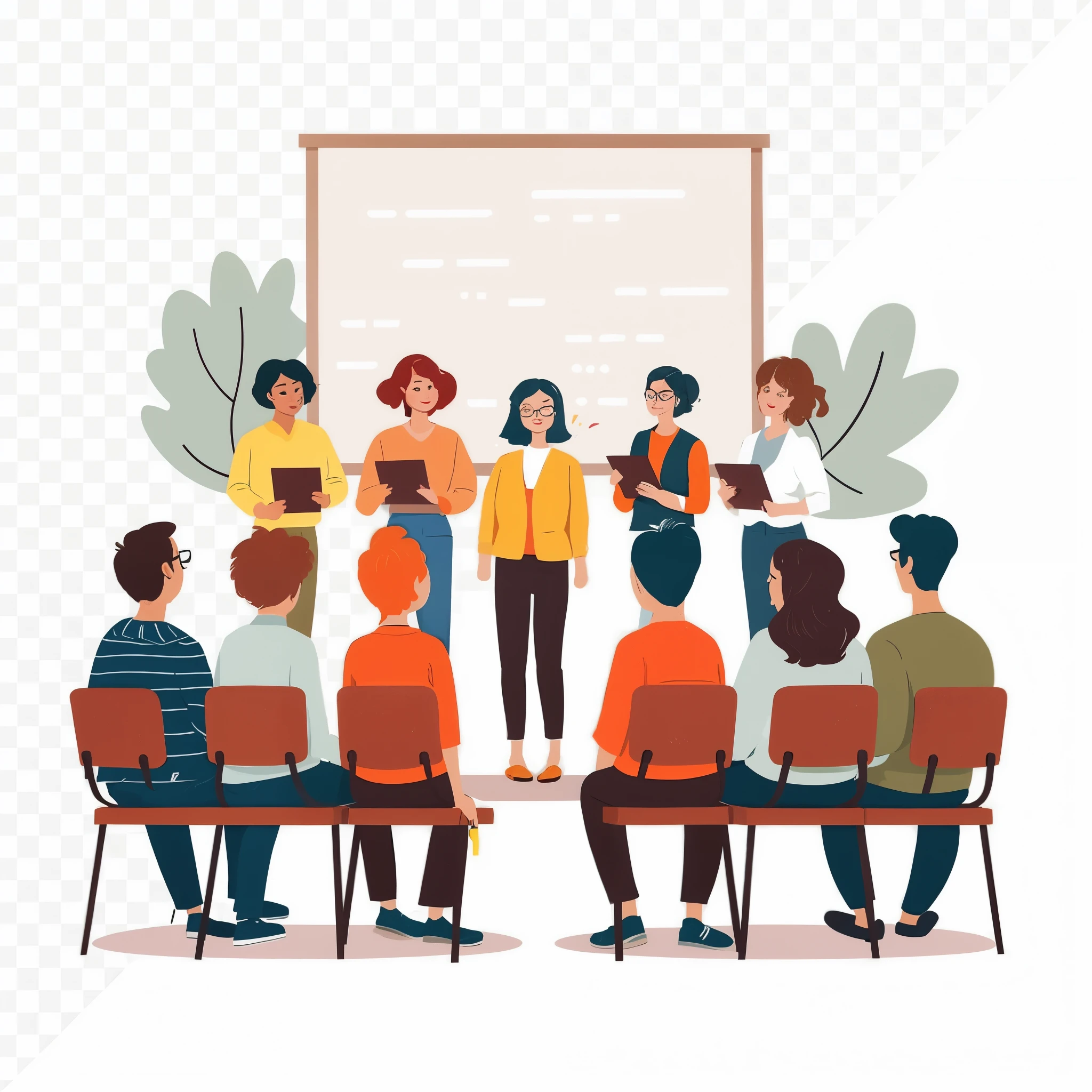a Grupo de pessoas sitting na sala de aula with a whiteboard, in meeting together, in a meeting room, proffesional illustration, illustration!, facing to public, na sala de aula, Grupo de pessoas, sentado na sala de aula, professional illustration, flat illustration, a Grupo de pessoas, public, sem texto, corporate animation style, simple illustration, cartoon illustration