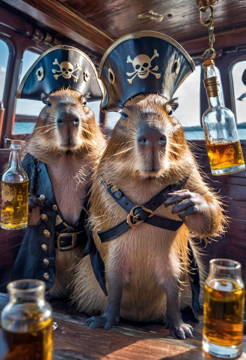 A Capybara, capybara, Capybara pirates with an eye patch and pirate hats and holding bottles of rum, on a ghost ship, intricate details, HDR, beautifully shot, hyperrealistic, sharp focus, megapixels, perfect composition, high contrast, cinematic, atmospheric, moody