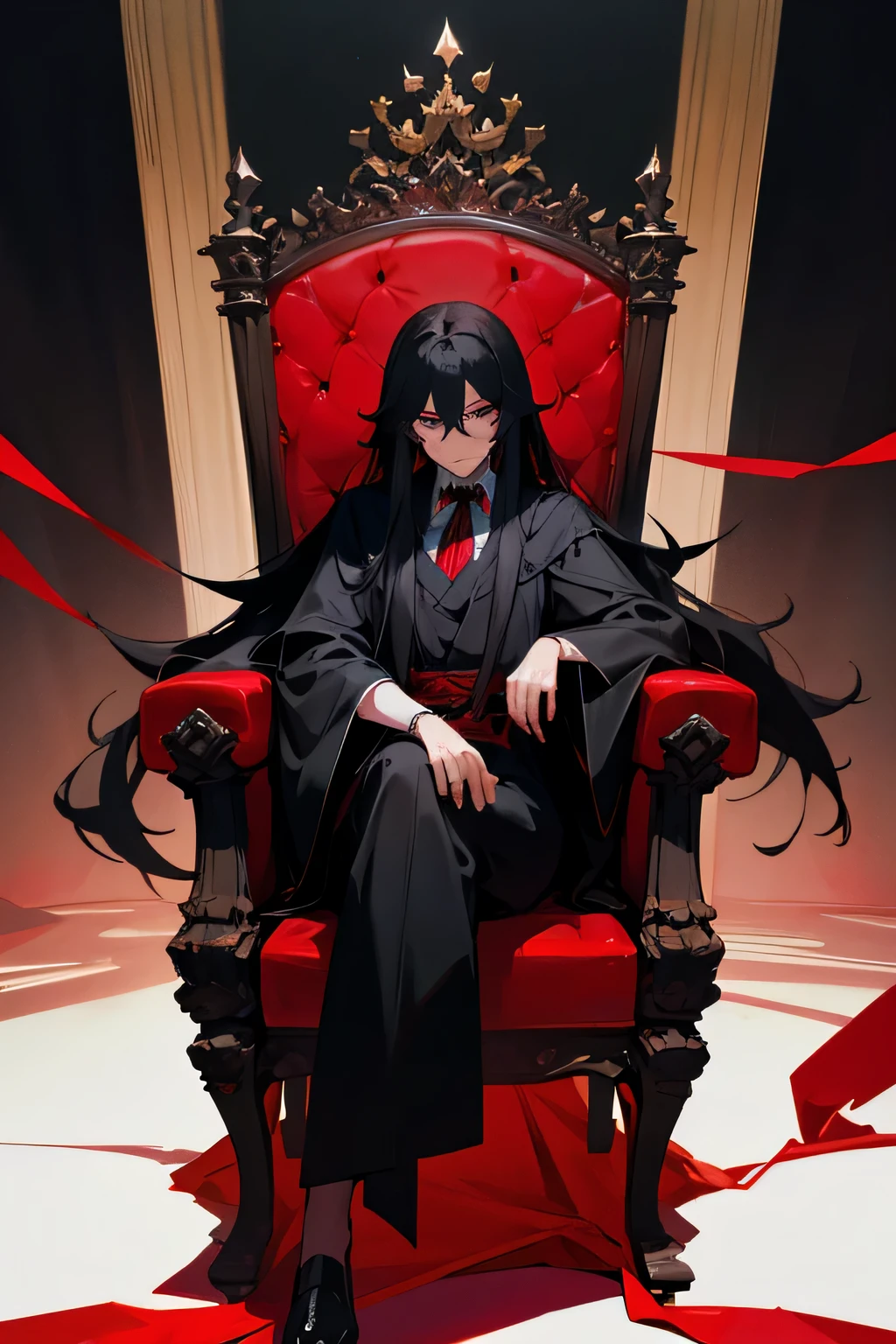 A tall man with long black hair wearing a black robe with red ribbons, sitting in the devil's throne