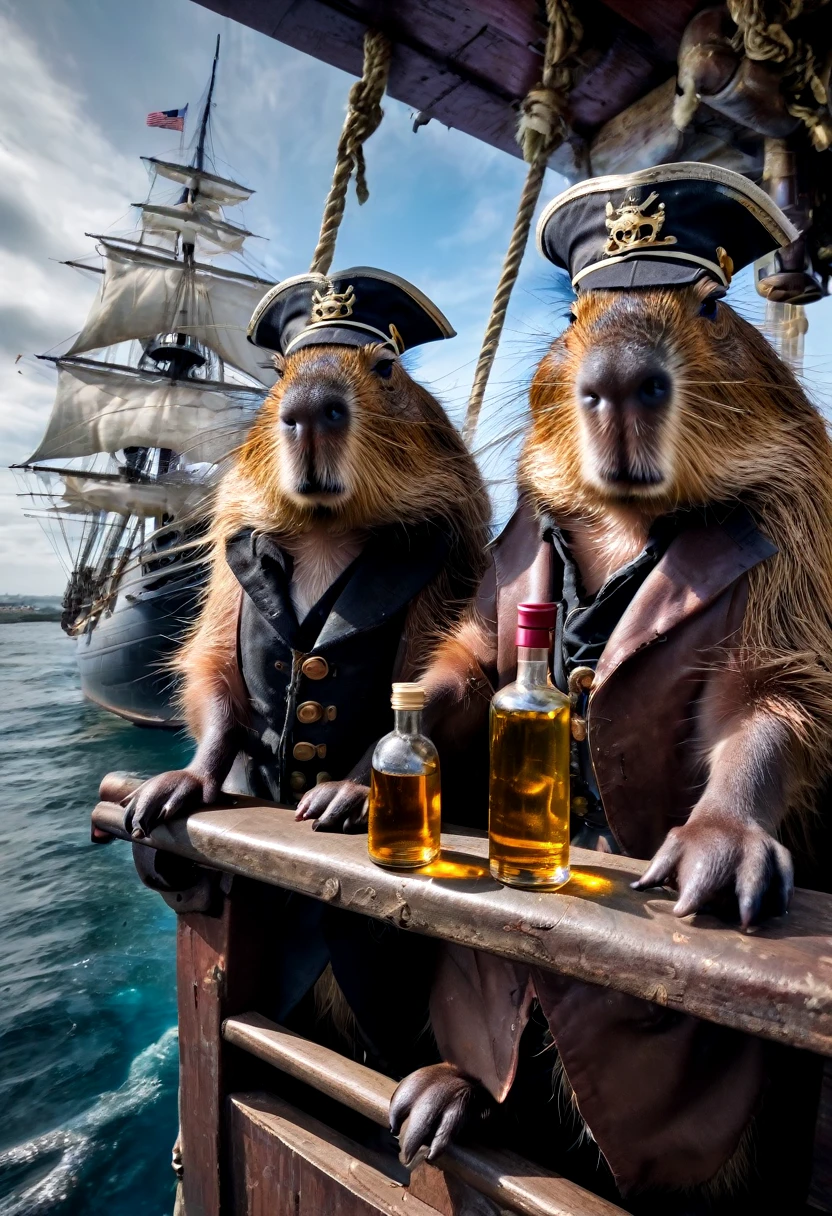 A Capybara, capybara, Capybara pirates with an eye patch and pirate hats and holding bottles of rum, on a ghost ship, intricate details, HDR, beautifully shot, hyperrealistic, sharp focus, megapixels, perfect composition, high contrast, cinematic, atmospheric, moody