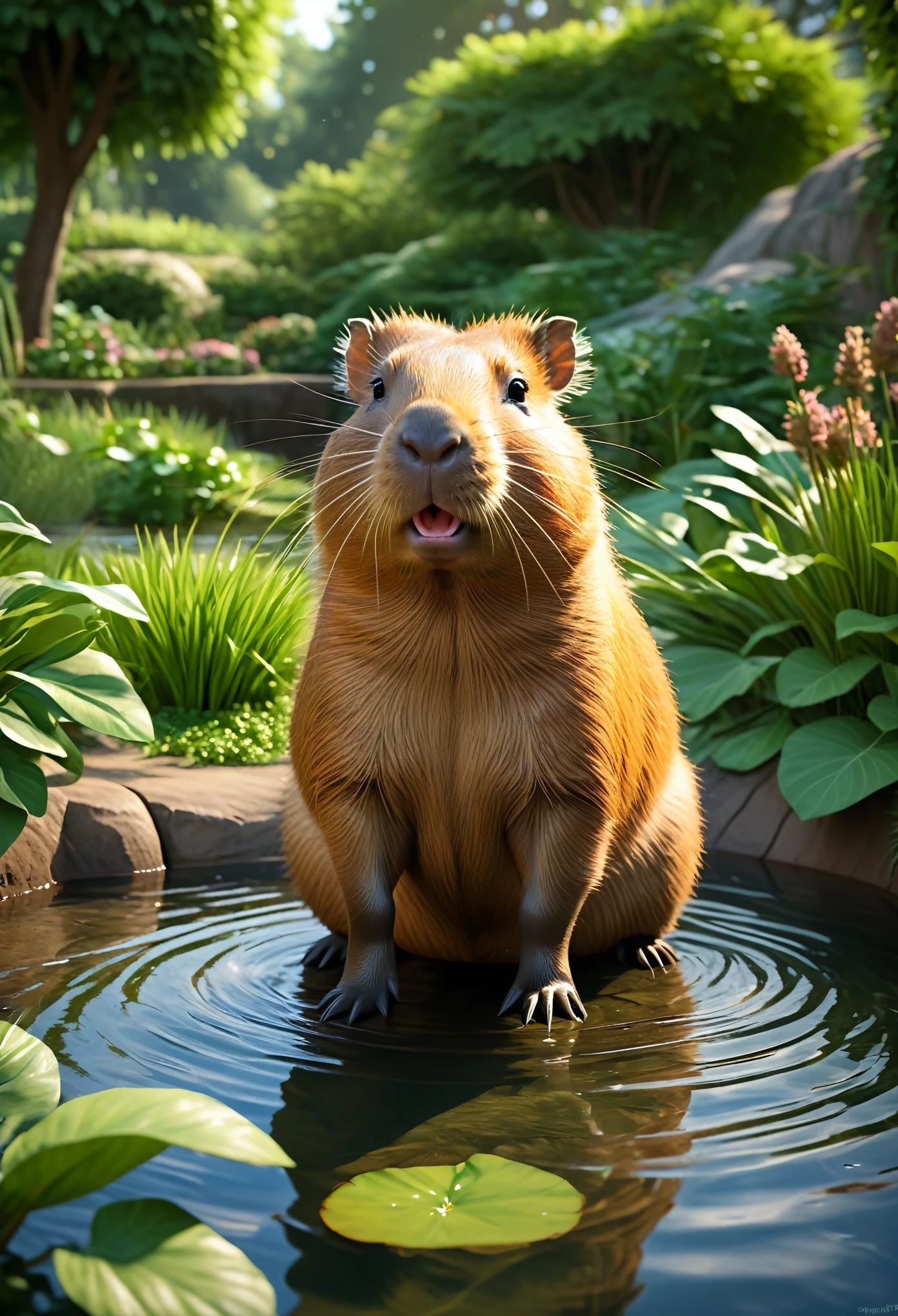 (best quality,4k,8k,highres,masterpiece:1.2),ultra-detailed,(realistic,photorealistic,photo-realistic:1.37),cute capybara,peaceful garden,greenery,playful sunlight,calm atmosphere,gentle expression,sociable animal,curious eyes,curved teeth,soft fur,placid pond,lovely creature,relaxing environment,pleasant day,subtle textures,warm colors,natural lighting