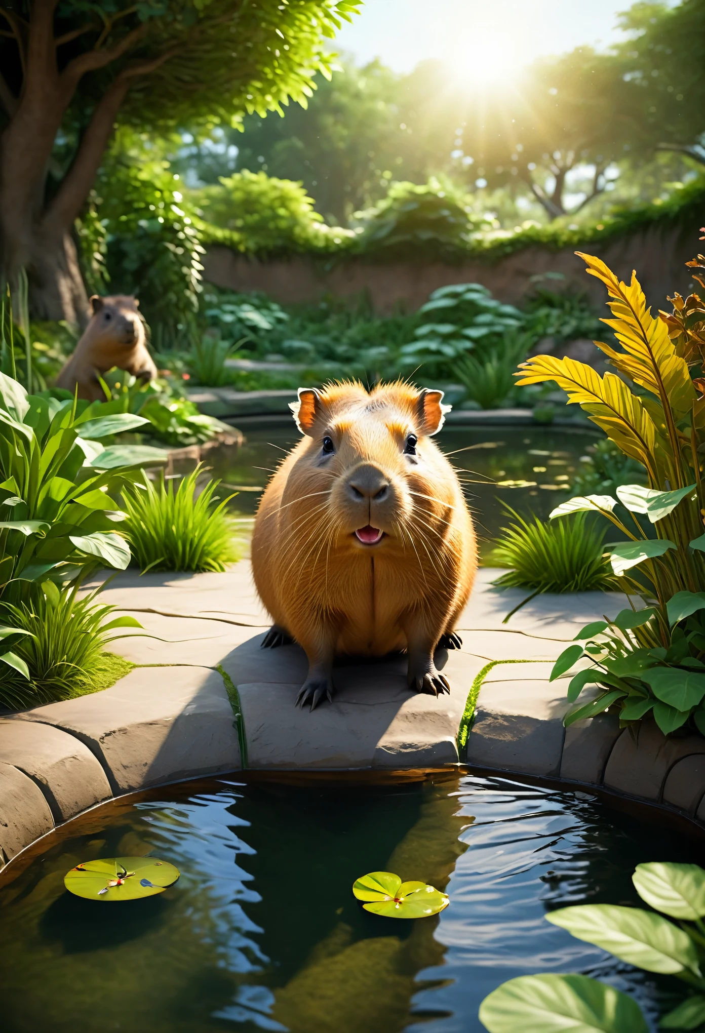 EdobHorrorLandscape, (best quality,4k,8k,highres,masterpiece:1.2),ultra-detailed,(realistic,photorealistic,photo-realistic:1.37),cute capybara,peaceful garden,greenery,playful sunlight,calm atmosphere,gentle expression,sociable animal,curious eyes,curved teeth,soft fur,placid pond,lovely creature,relaxing environment,pleasant day,subtle textures,warm colors,natural lighting