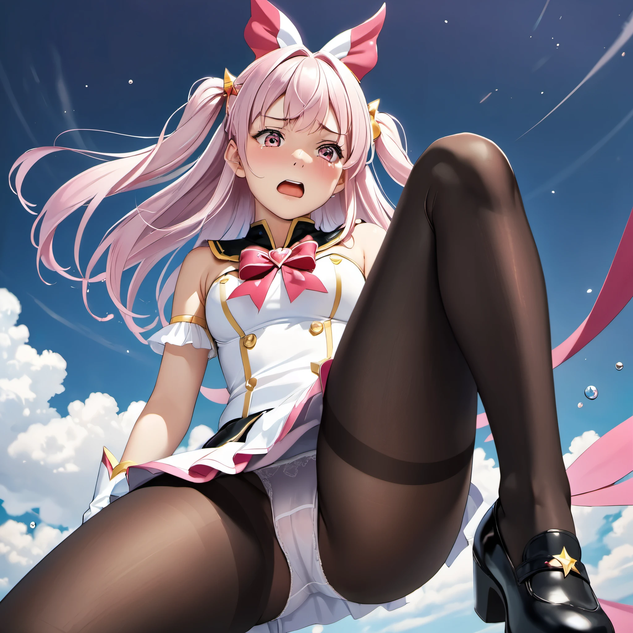 1girl, magical girl, panties,skirtlift,((upskirt)),((pantyshot)),(white panty),((Small panties)),(((black pantyhose))),white race panty, ,Are crying,Anguished expression、Embarrassed look,8k,Realistic、Anime illustration,CG
