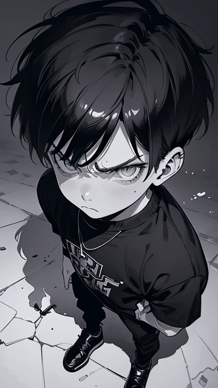 1 boy, (super detailed, high res, super detailed, top quality, awesome, top quality, very detailed CG Unity 8k), cool boy, full body, glaring at viewer, boy wearing casual clothes, (angry), angry, glaring, cool, stylish, ((monochrome))