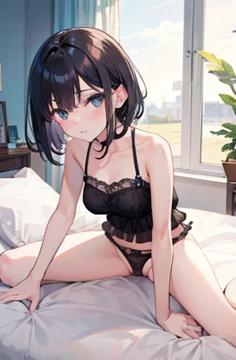 Girl with black hair showing her panties to the camera , looking at the camera, corada, calcinha branca transparente dando pra ver sua vagina, buceta, private part, deitada encima de uma cama, abrindo as pernas