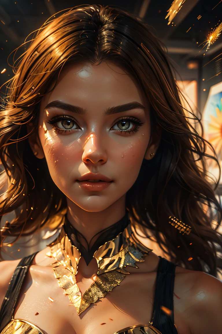 Award-winning digital art, Half body portrait of a beautiful woman, 40 Jahre alt, with beautiful hairstyle with moving head and flowing long hair, braune Augen, in einem Blumenfeld, goldener Sonnenuntergang, Partikel Staub, glitter, Farbspritzer, splatter, overtake, Dampfware, schattierte flache Abbildung, digital art, Trends auf ArtStation, sehr detailliert, Feines Detail, kompliziert