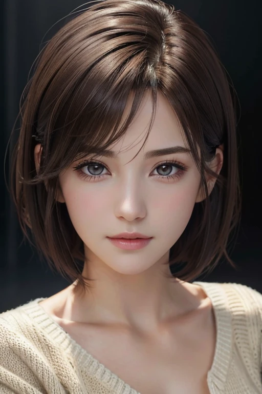 (18 years old mature woman),small face, beautiful face, (realistic face),no makeup、natural makeup、light makeup、 (Dark brown, short hair: 1.3), beautiful hairstyle, realistic eyes, beautiful detailed eyes, (Photorealistic skin), beautiful skin, (sweater),、Bust B Cup、 disorganized, Charm, 超High definition, Super realistic, High definition, golden ratio, FF Tifa、