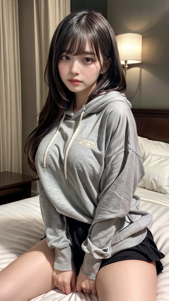 muste piece, best quality, illustration, Super detailed, fine details, High resolution, 8K,wall paper, perfect dynamic composition,(Details High quality, realistic depiction of eyes:1.3), (Fashionable, Oversized Light Grey Hoodie), straight hair, large breasts, black hair color, Big Natural Color Lip, (perfect body shape), crying a little、cold gaze, Harajuku style、20 year old girl、cute type、ta、beautiful legs, hotel room, Gravure Idol, Voluptuous thighs, (woman on top, straddling, sitting)