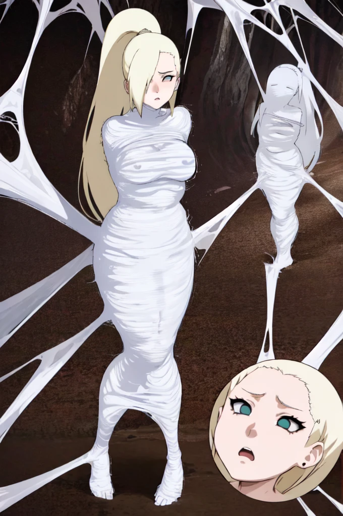 masterpiece, best quality, 1 girl, solo, looking at viewer, Yamanaka ino, length hair, floating hair,  (arms behind back:1.4), hanging,spiders in the web,long spider, desperate，struggle, entangled, embarassed face, despair,cocoon, screaming, outdoor, desperate expression