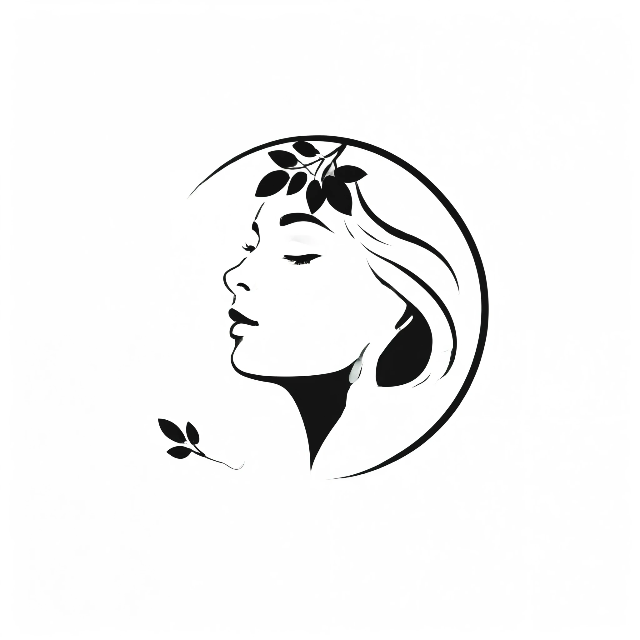 a silhoutte of a spa logo of girl, relaxed face, face side view, leaves, black and white, minimun details,