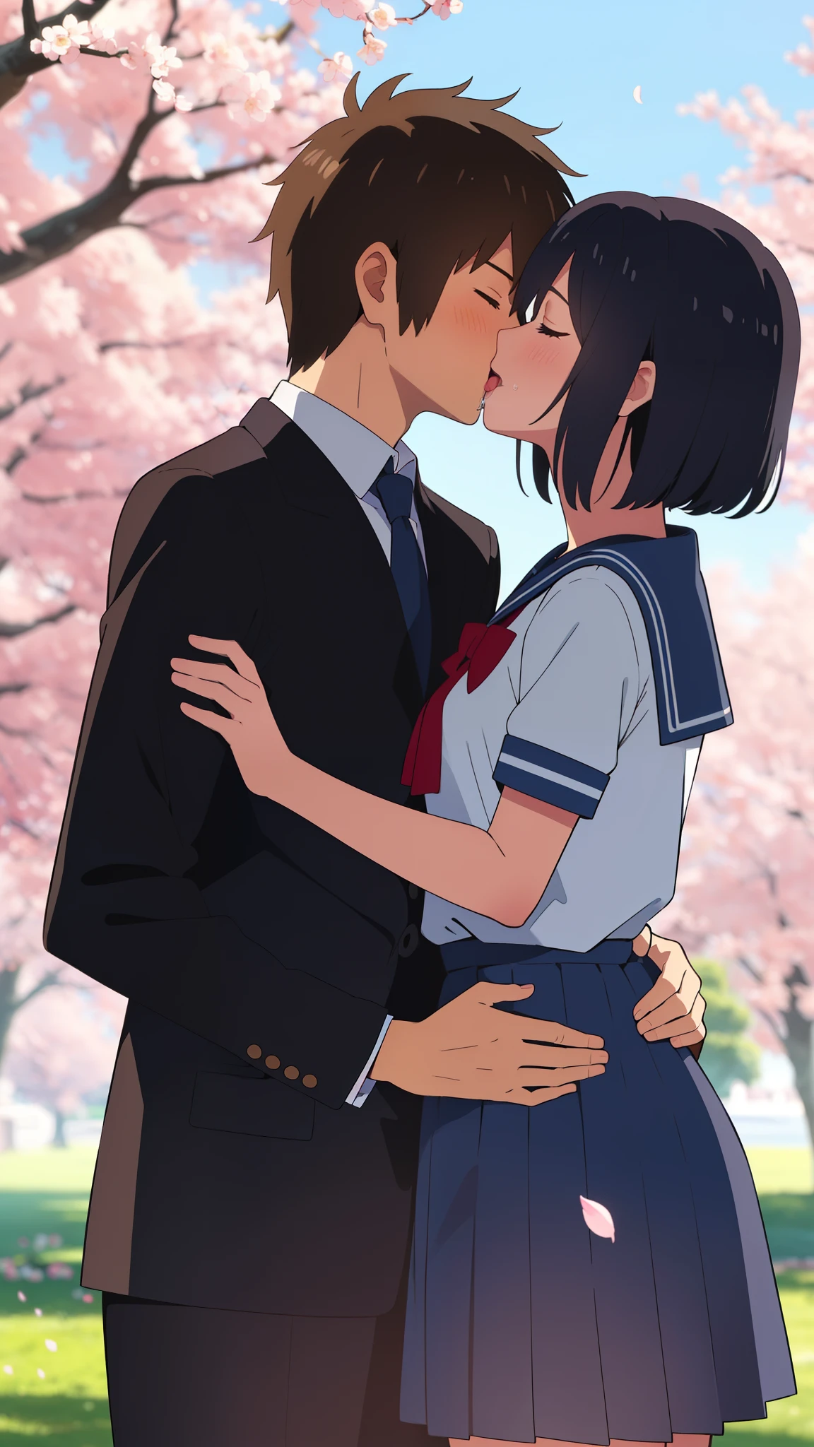 shinkai makoto, kimi no na wa., 1girl, 1boy, bangs, black hair, blush, (boy wear black uniform), ((girl wear sailor uniform, blue sailor collar, blue sailor color, blue skirt)), red headband, red bow, red ribbon, short hair, cute, love, couple, adorable, dating, (((kiss, deep kiss, tongue, saliva))), closed eyes, passionate hug, cherry_blossoms, falling_petals, petals, branch, pink_flower, blue_sky, spring_season, tree, upper body