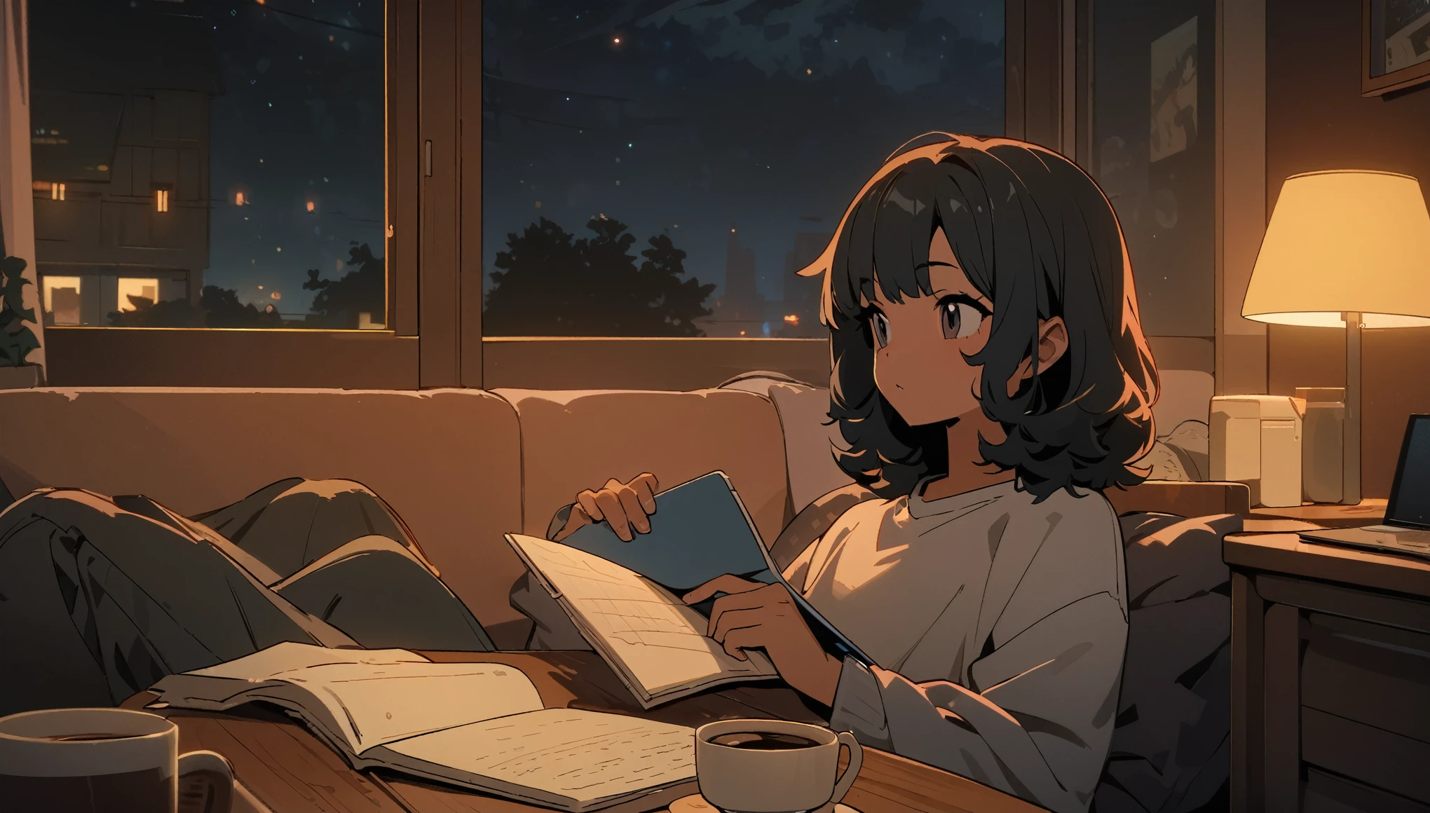 Lofi, Boy with dark skin, Black curly hair, Comfy, Notebook, Coffe, Night, Relax, Room, HD, High Resolution, Masterpiece, 4K