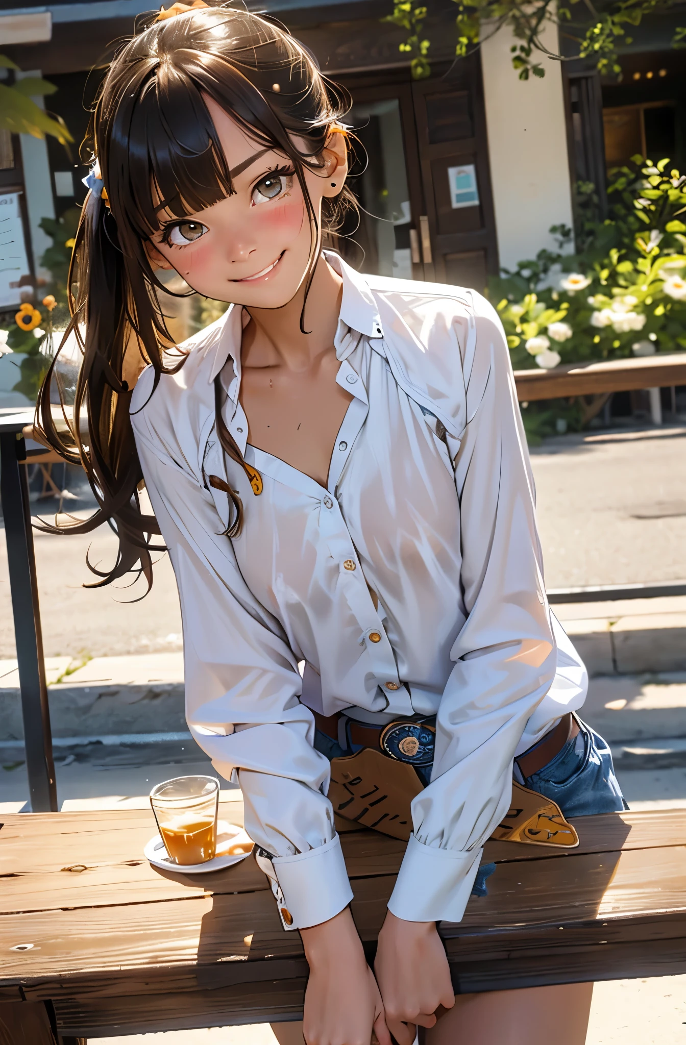 8k, highres, ultra detailed、best quality,、high quality,masterpiece,detailed, high resolution,、、nsfw,1girl、woman、beautiful face、eyelashes、blunt bangs ponytail、sideways glance、(embarrassed smile:1.4),half-closed eye,large breasts,collarbone,abs,detailed skin,tanlines,kneehighs ,transparent,scrunchie, cafe ,dynamic angle、,((1man and 1woman,having sex)),((cowgirl position:1.5))、dramatic , 3d, blush,、、