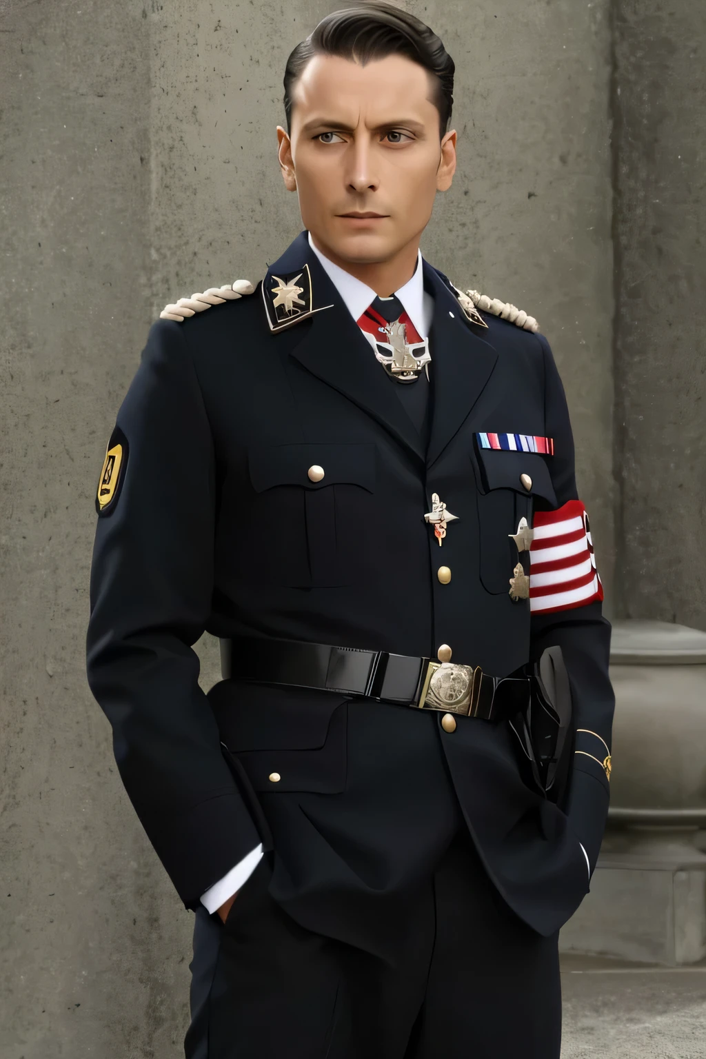 arafed man en uniforme standing in front of a wall, inspired by Adolf Dietrich, inspired by Adolf Ulric Wertmüller, Mads Mikkelsen, Christophe Valse, set during World War II in Germany, inspiré par Hans Fries, Adolf Wölfli, uniforme d&#39;officier, General uniform, en uniforme, uniforme complet, Wearing a General\of the uniform of, biopic