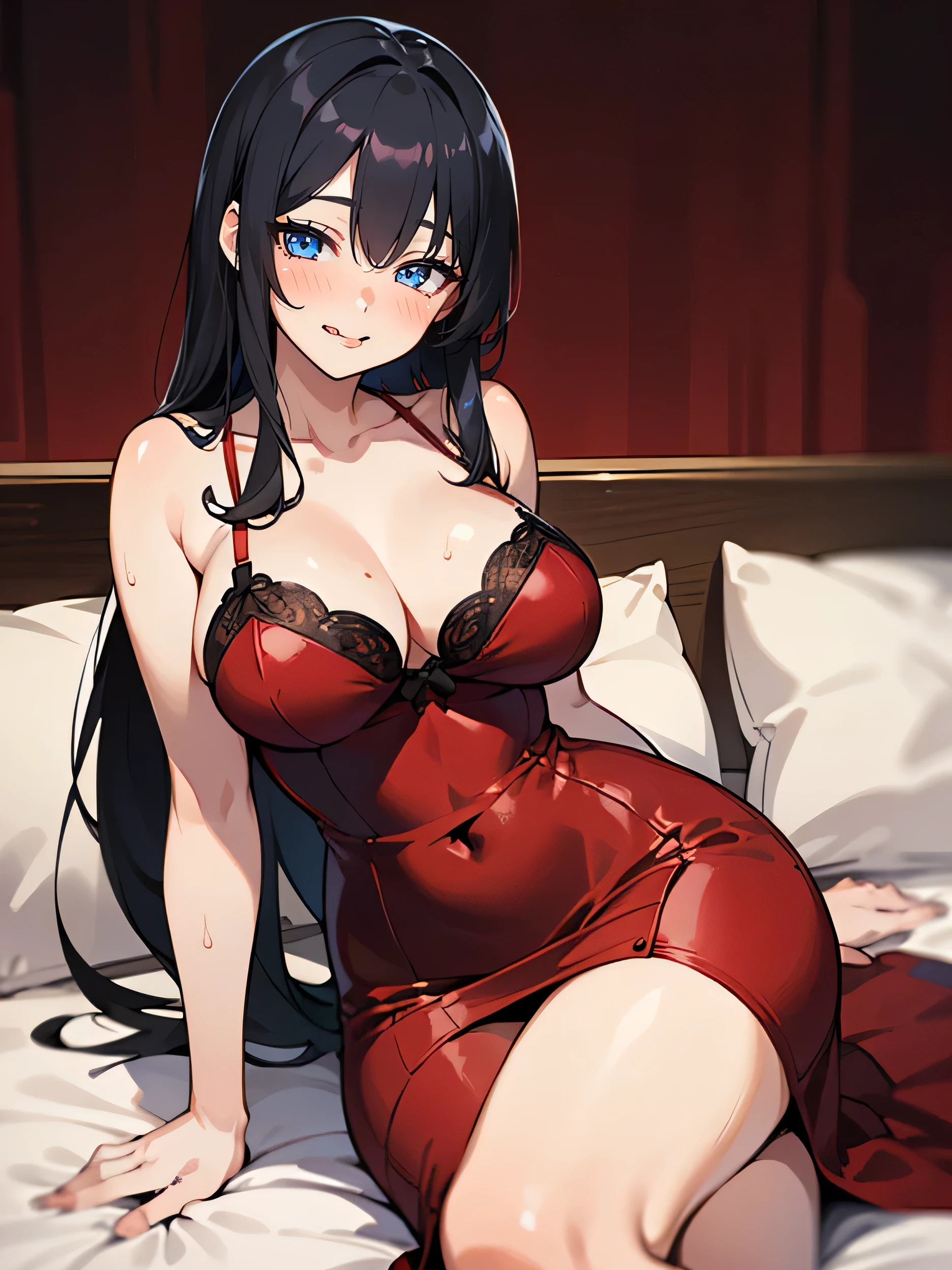 1 girl, young woman, alone, black hair, long hair, (Front:1.2), blue eyes, sharp eye posture, (black hair), large breasts, looking at viewer, lying in bed , Masterpiece, best quality, 4k ((blush)) ((smile)) ((mature woman)) ((sexy dress)) ((sexy)) ((night bar background)) (dinamyke pose)) (lingerie red) (wearing red)  (lewd expression) ((showing her tongue))