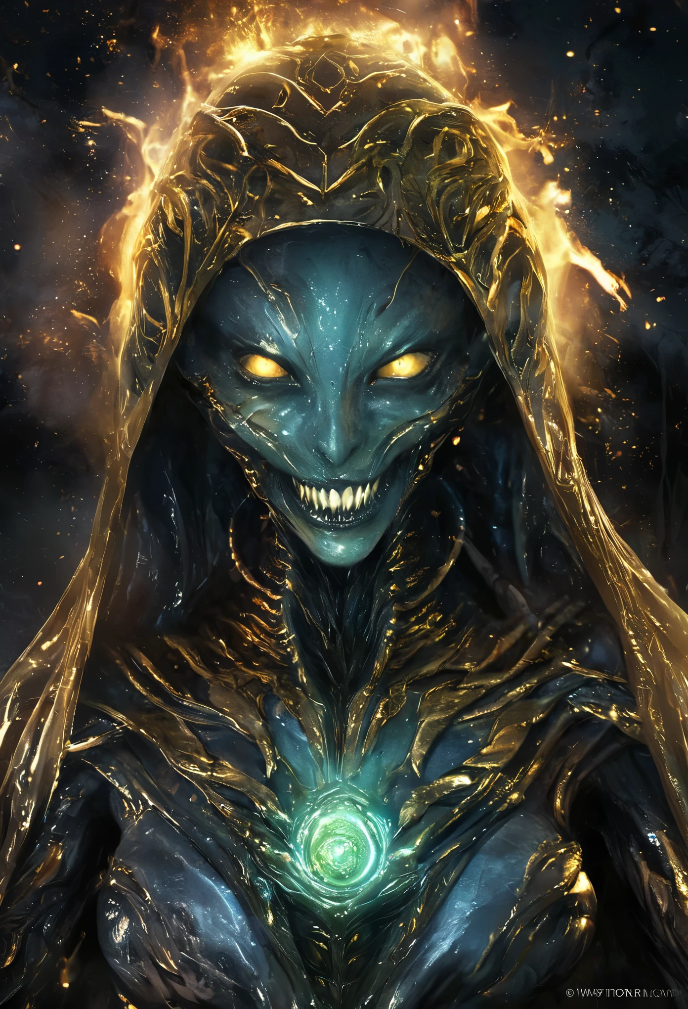 (best quality,highres,ultra-detailed:1.2),terrifying female alien,otherworldly portrait,nightmarish beauty,horrifying gaze,extraterrestrial creature,sharp teeth,glowing eyes,sinister smile,serpentine body,deadly claws,dark atmosphere,alien landscape,ominous lighting,vivid colors,horror,sci-fi,cosmic horror, (NSFW:1.5), four eyes, white aura, gem stones