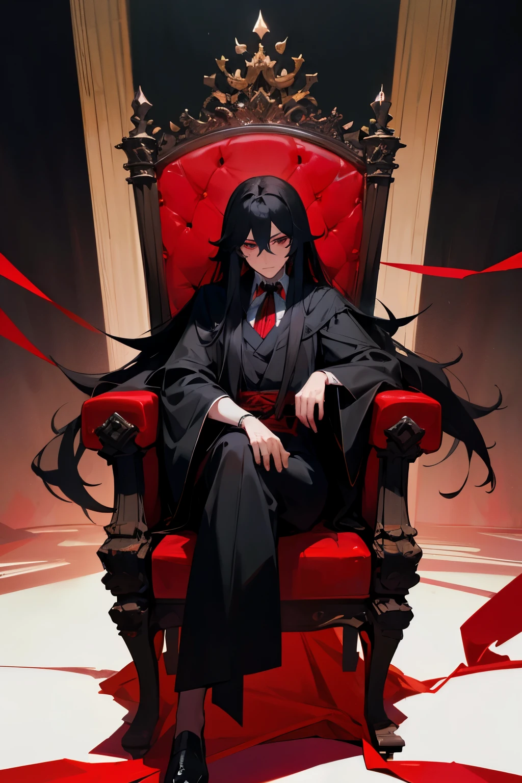 A tall man with long black hair wearing a black robe with red ribbons, sitting in the devil's throne