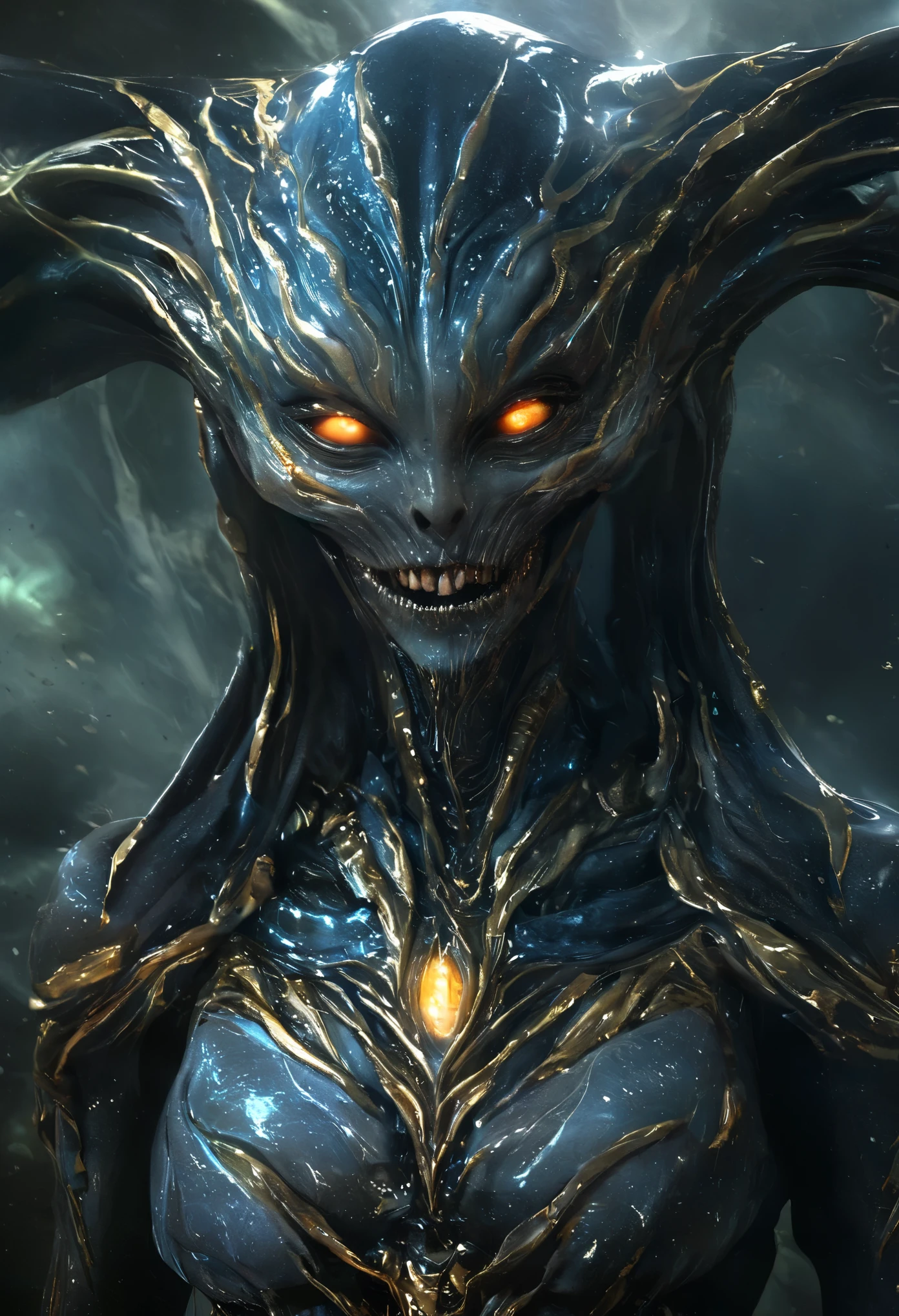 (best quality,highres,ultra-detailed:1.2),terrifying female alien,otherworldly portrait,nightmarish beauty,horrifying gaze,extraterrestrial creature,sharp teeth,glowing eyes,sinister smile,serpentine body,deadly claws,dark atmosphere,alien landscape,ominous lighting,vivid colors,horror,sci-fi,cosmic horror, (NSFW:1.5), four eyes, white aura, gem stones