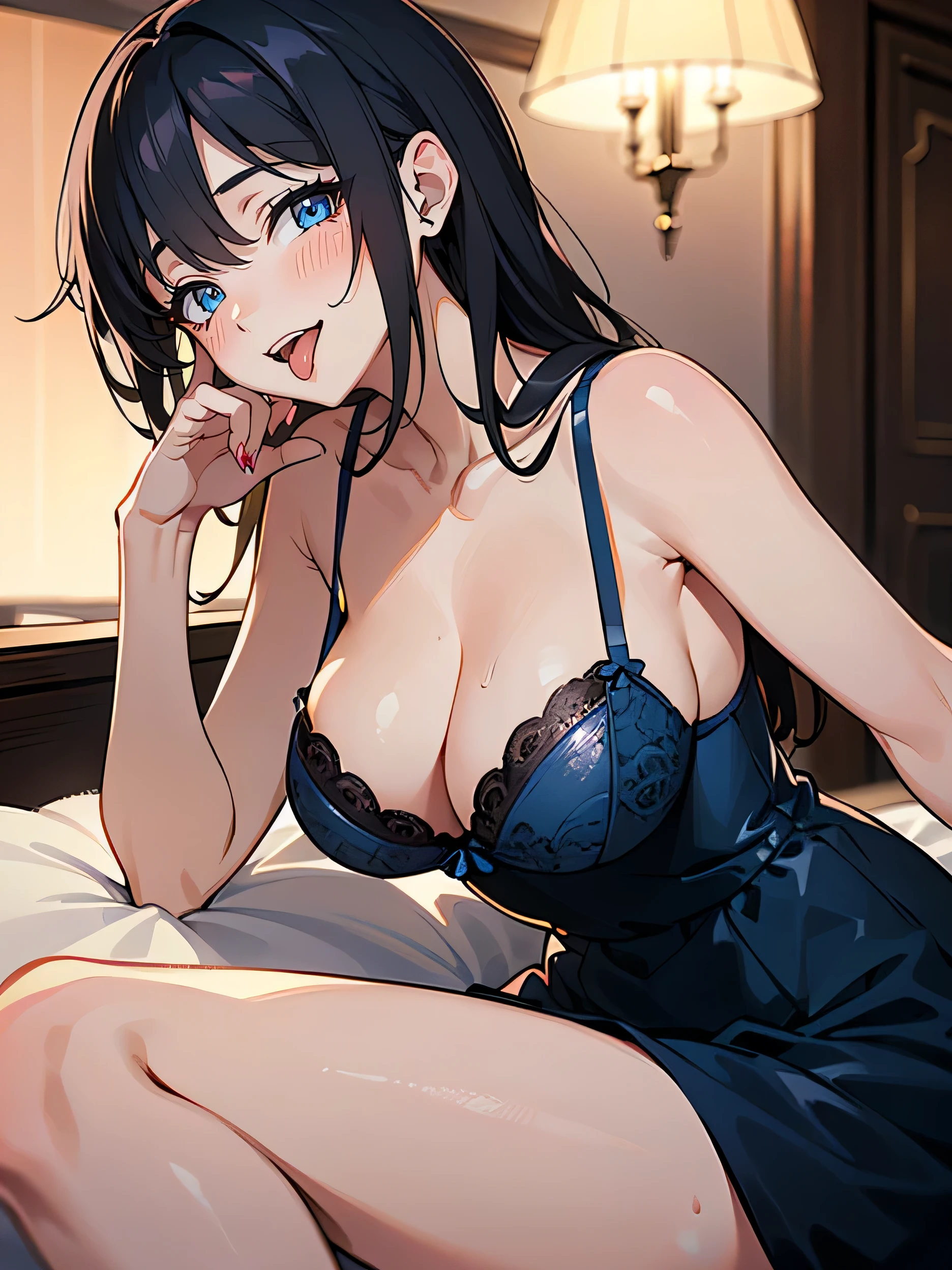 1 girl, young woman, alone, black hair, long hair, (Front:1.2), blue eyes, sharp eye posture, (black hair), large breasts, looking at viewer, lying in bed , Masterpiece, best quality, 4k ((blush)) ((smile)) ((mature woman)) ((sexy dress)) ((sexy)) ((night bar background)) (dinamyke pose)) (sexy underwear) ((wearing blue underwear))  (lewd expression) ((showing her tongue)) open mouth showing throat