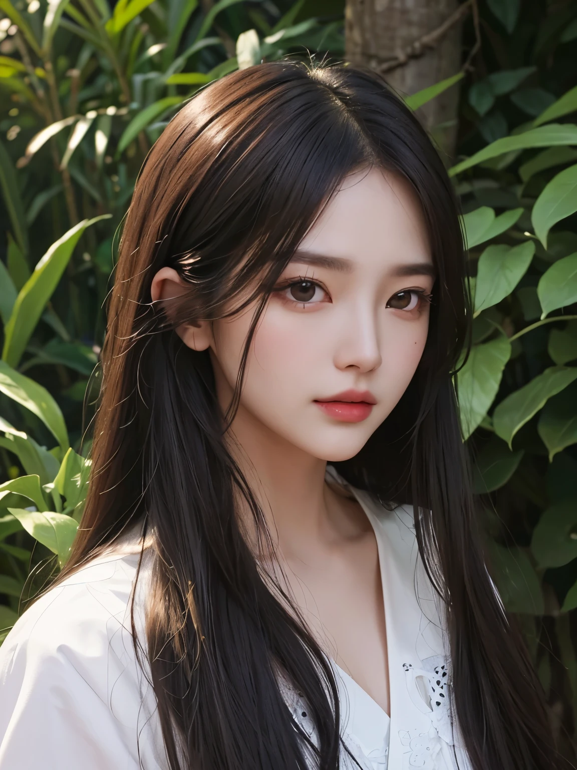 masterpiece、The highest image quality、hightquality、Beautuful Women、japanes、Popular Korean Makeup、detaileds、Swollen eyes、A detailed eye、Detailed skin、Beautiful skins、超A high resolution、(Realistis:1.4)、very extremely beautiful、Slightly younger face、Beautiful skins、Thin、(A hyper-realistic)、(illustratio)、(hight resolution)、(8K)、(ighly detailed)(The best illustrations)、(beautifully detailed eyes)、(ultra-detailliert)、(wall-paper)、(Detailed face)、looking at the viewers、fine detailed、 A detailed face、pureerosfaceace_v1、A smile、Looking straight ahead、Looking straight ahead、angle from waist up、photos realistic、Bright lighting、profetional lighting、A dark-haired(Some greenery)、length hair、Slicked back hair、Dark ruins、Big Red Moon、Gorgeous red and black dress