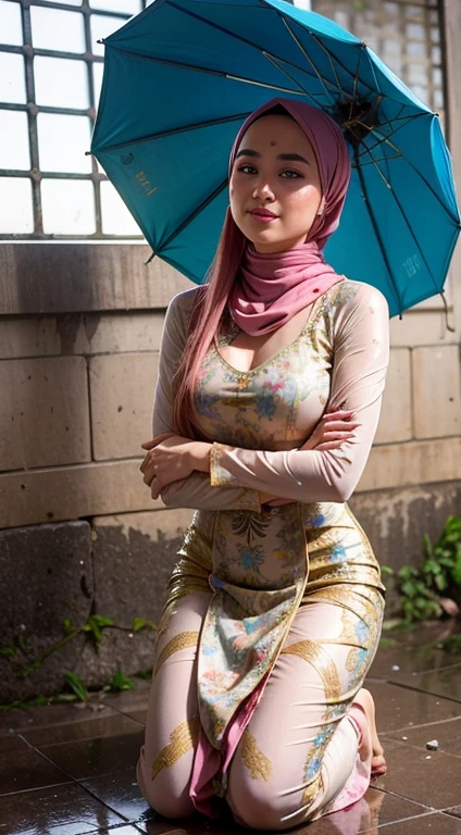 Photo of a young bookish Malay woman wearing a hijab walking in the rain, the woman wearing a pastel floral patterned, ,indonesian royalty, kneeling, lagoon, (((indonesian royal dress))), batik artwork, brocaded, full_body_shot, dramatic, backlit, light rays, volumetric lighting, detailed face, highly detailed, painting, wet skin, wet clothes, wet body, , drenched, soaked, blonde hair, messy hijap, round face, looking at viewer, smile, glossy clothes, oily clothes, varied poses, looking up