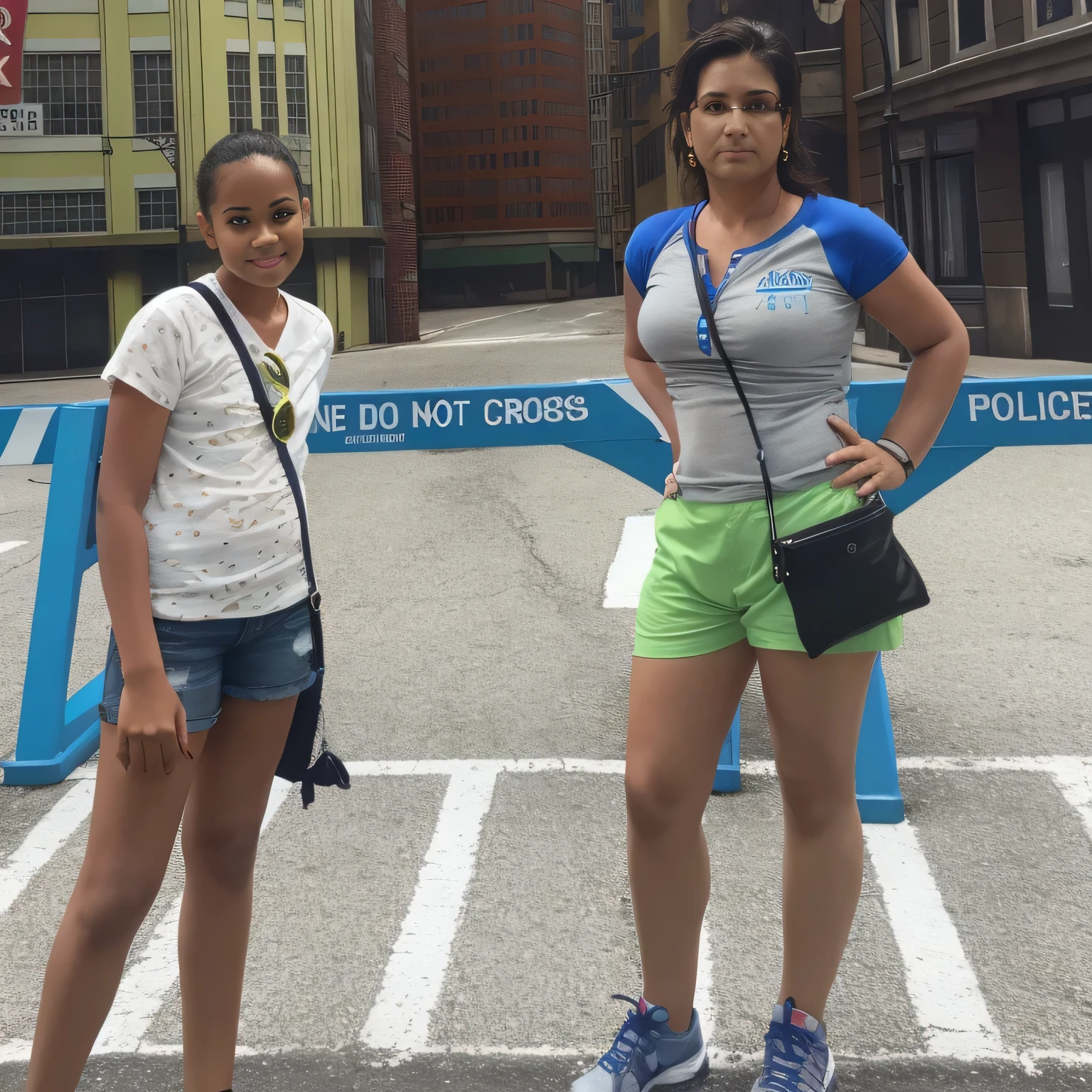 two women standing in front of a police barricade, standing in a city center, standing on street corner, standing in the street, standing in the streets, standing in street, standing in a city street, standing on the street, kid, posing in front of bombed city, standing in township street, posing in an urban street, street pic, at a city street