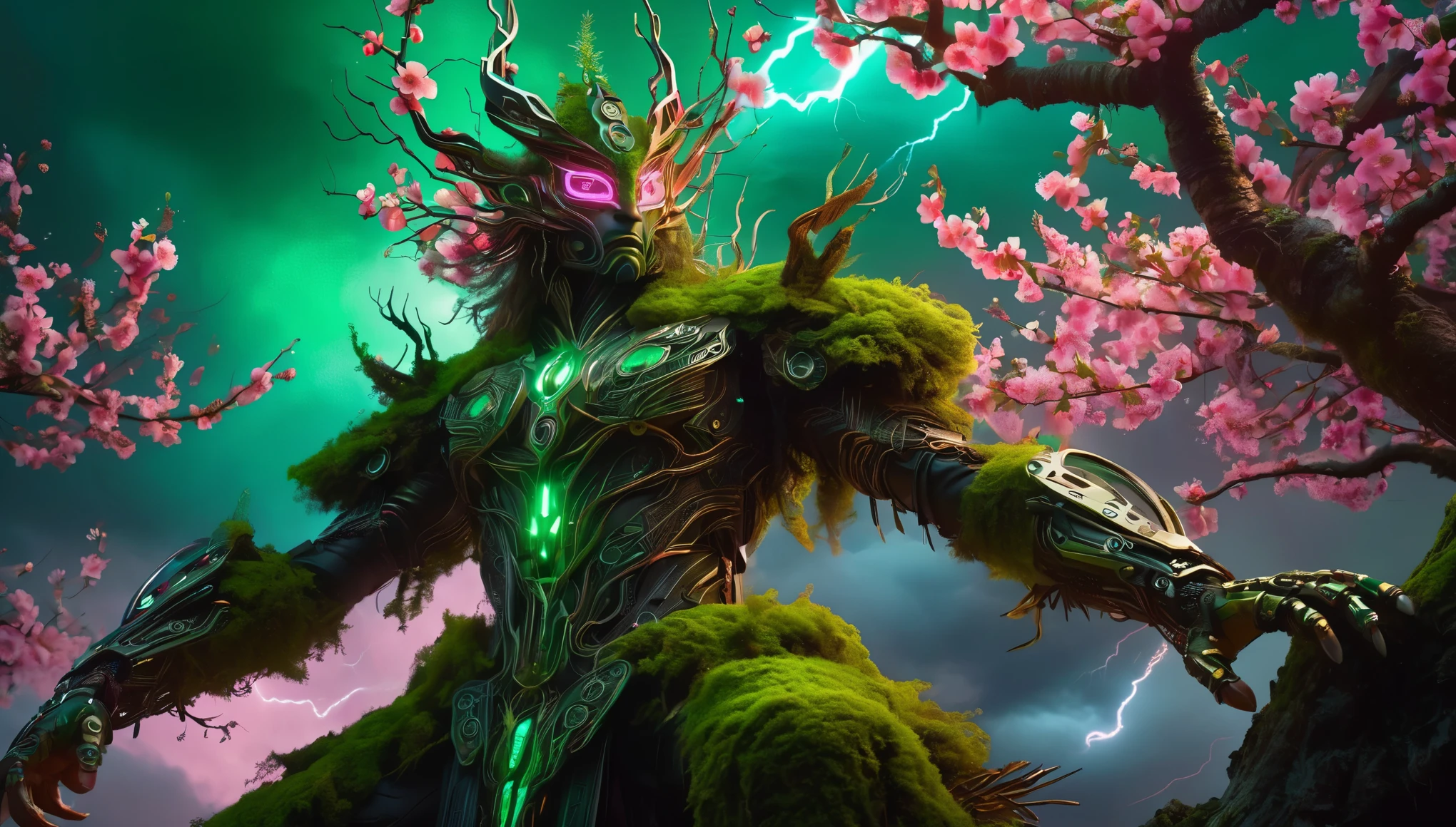 (The king),(Cyberpunk Treeman),metal leaves,wired branches,glowing light eyes,mechanical bark,with moss-covered bark,tribe outfit,(ancient tribal markings),control tendrils extending from the arms,Neon lights dancing on the body,(Lightning around branches and leaves),(peach blossom),Soft and delicate petals,vivd colour,(A harmonious blend of green and pink),(Ominous dark clouds in the sky),Night atmosphere,A futuristic,Vivid colors and high-contrast lighting,Dramatic shadows and highlights.(best quality, 4k, 8k, masterpiece: 1.2), ultra fine, (realistic, photo realistic, photo realistic: 1.37)
