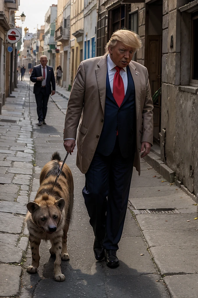 Fais moi une photo de Trump en clown, walking a hyena on a leash, dans les rues de Mexico