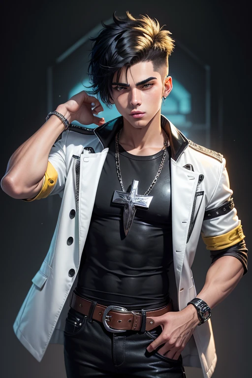 A fierce young man stands confidently, his intense gaze piercing through the viewer. He sports a stylish punk look, complete with a spiked leather jacket, layered necklaces, and a cross earring. His muscular physique is highlighted by a cropped tank top, revealing his chiseled abs. The background is a vibrant explosion of colors, adding to the dynamic and rebellious vibe of the scene.