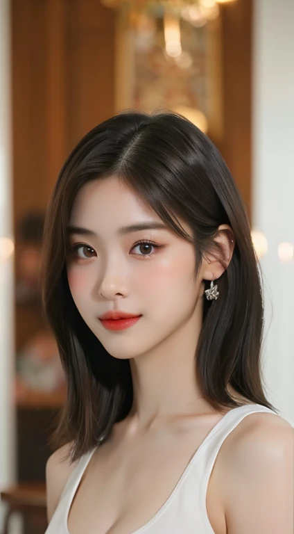 ((highest quality, 8k, masterpiece :1.3)), 1 person, ((Beautiful woman with slim abdominal muscles: 1.3)), (Casual Hairstyles, Big Breasts: 1.2), Casual wear: 1.2, interior, Highly detailed face, Delicate eyes, double eyelid, Soft Breasts, smile, Exposed cleavage