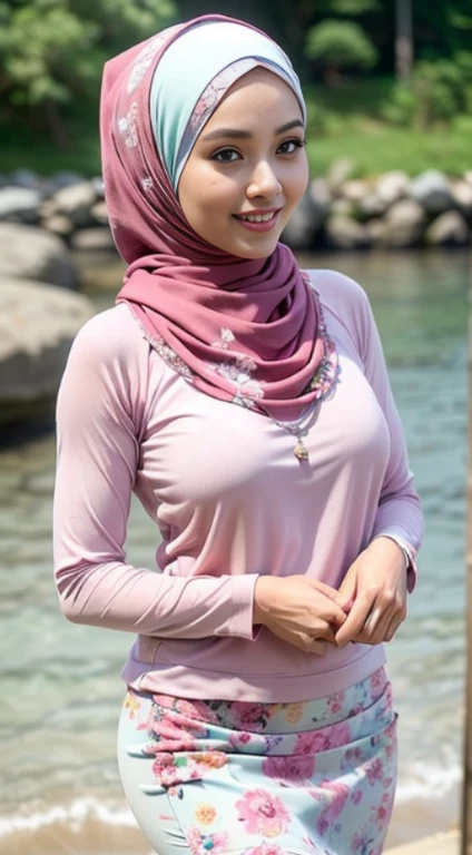 RAW, Best quality, high resolution, Masterpiece: 1.3), Beautiful Malay woman in hijab, Masterpiece, Perfect slim body, Beautiful big eyes, watery eyes, Soft smile, wet lips, big breast, ((wearing a tight Malay shirt with a red pastel floral pattern with a closed hijab)), a simple diamond necklace, ((closed clothes), ((modest clothes)),((wearing wearing a long pliskit ngangsar skirt that reaches her ankles, pink),smilling, windy, skin details, skin texture details, thick thighs, sexy body, morning time, smiling, happy, bright sunlight,seashore,blurred background, bokeh