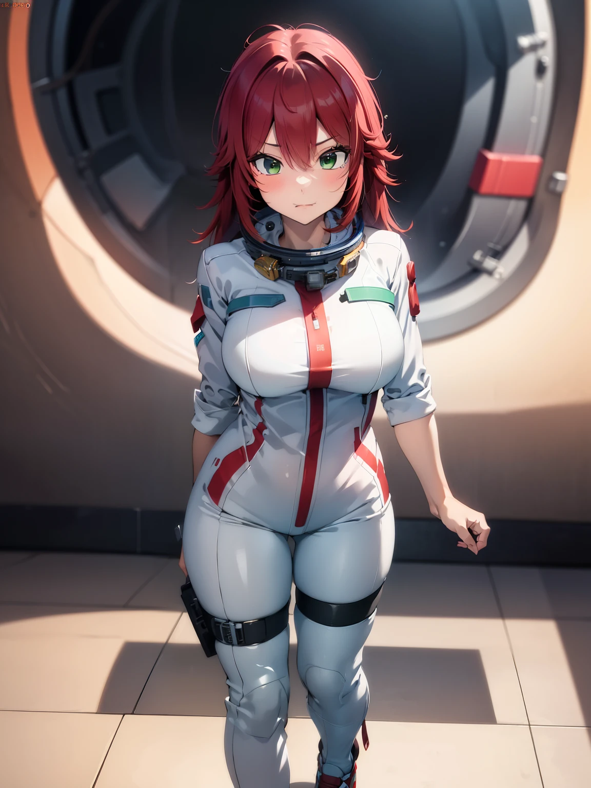 8k, best quality, masterpiece, ultra-detailed,1 adult woman,solo,29 years old,standing,half body  photo, green eyes, long hair,red hair,Astronaut uniform, astronaut uniform,ultra detail, ultra HD