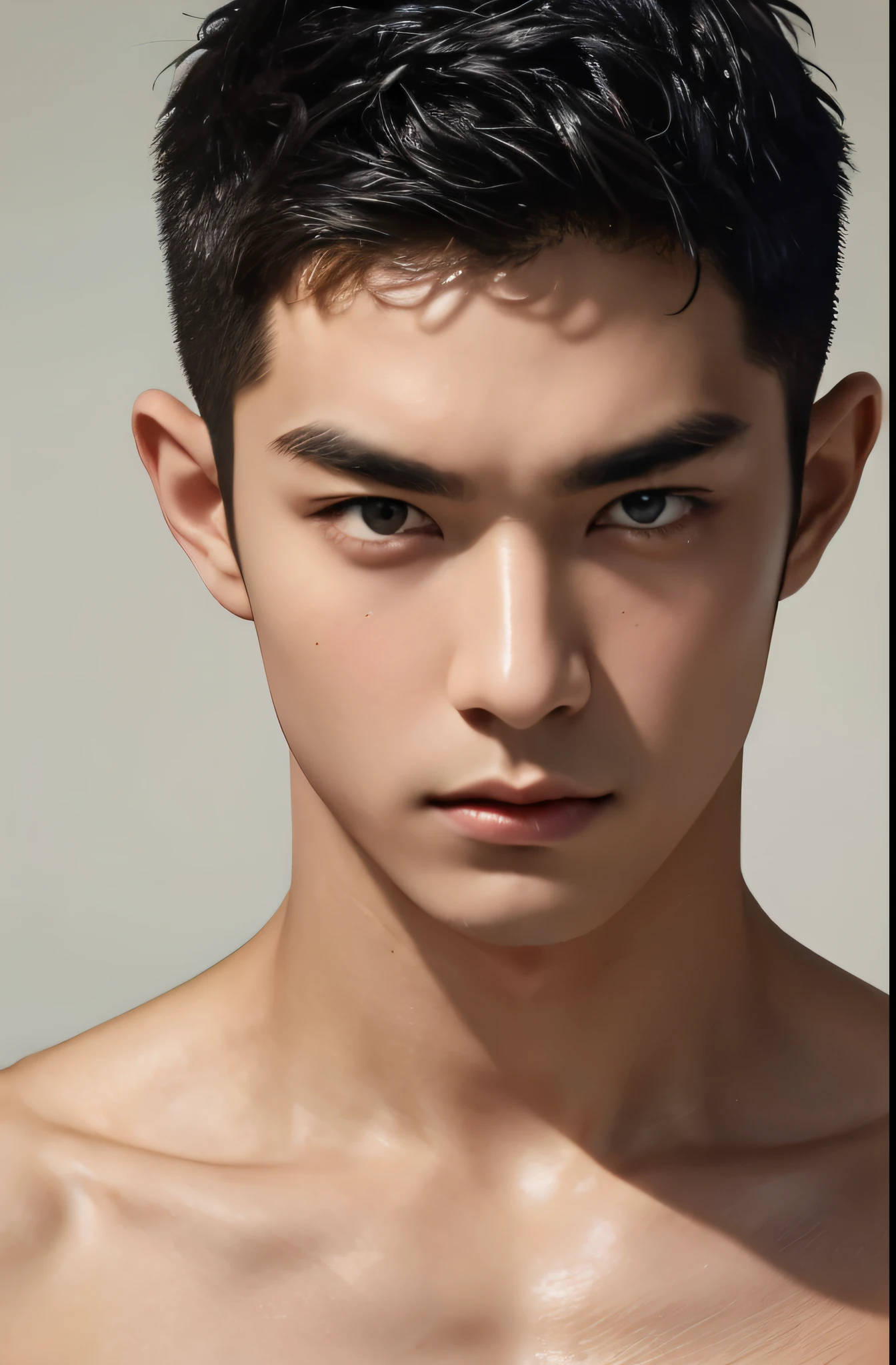 Handsome Japanese male model 17 years old Black Hair Short Hair Trimmed 童face Beautiful Skin Slim and muscular Fierce face shoulder Shaved head Watery eye nude No background Face-up photo Photo slightly subtracted Staring at the camera with tearful eyes no background True Face
