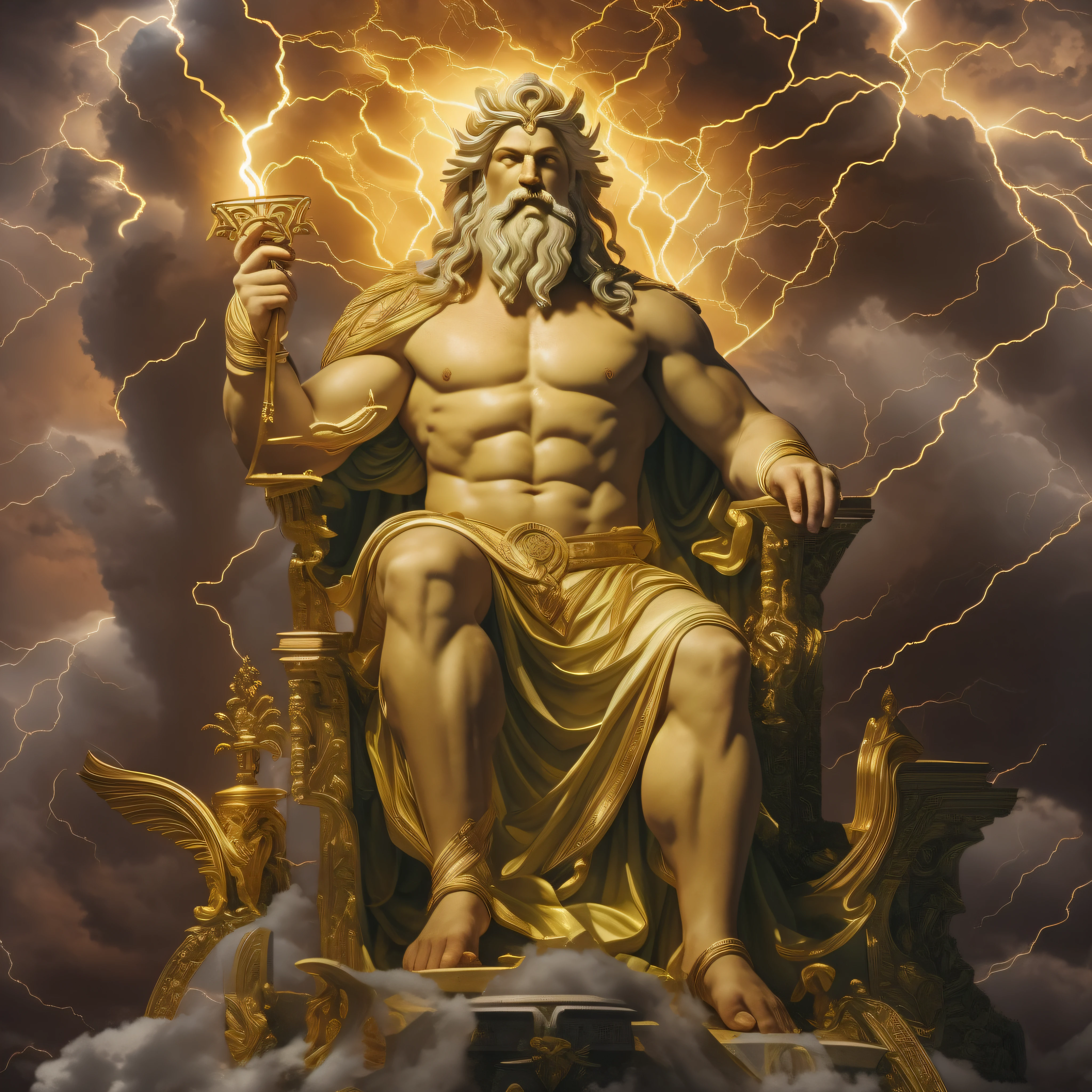 Ein episches Bild, das Zeus darstellt, the king of the Greek gods, in seiner ganzen Pracht. Er sitzt auf seinem himmlischen Thron, holding a flash in his hand, with an imposing and majestic appearance. Um dich herum, Geladene Wolken und Blitze erhellen die Landschaft, Passing on his divine power.