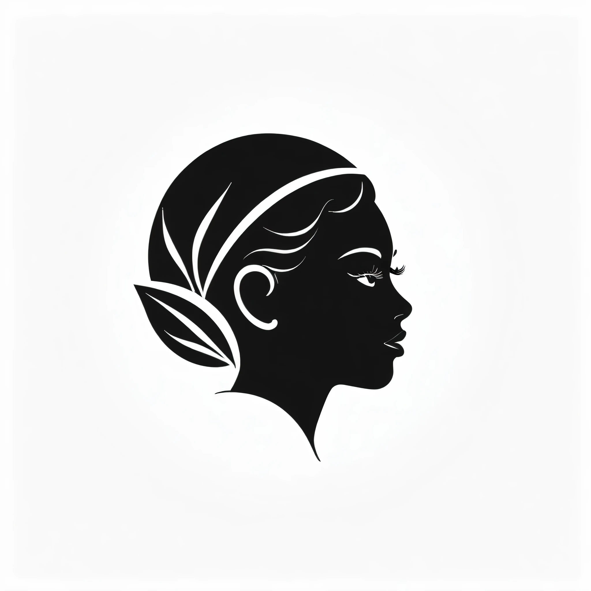 a silhoutte of a spa logo of girl, relaxed face, face side view, leaves, black and white, minimun details,