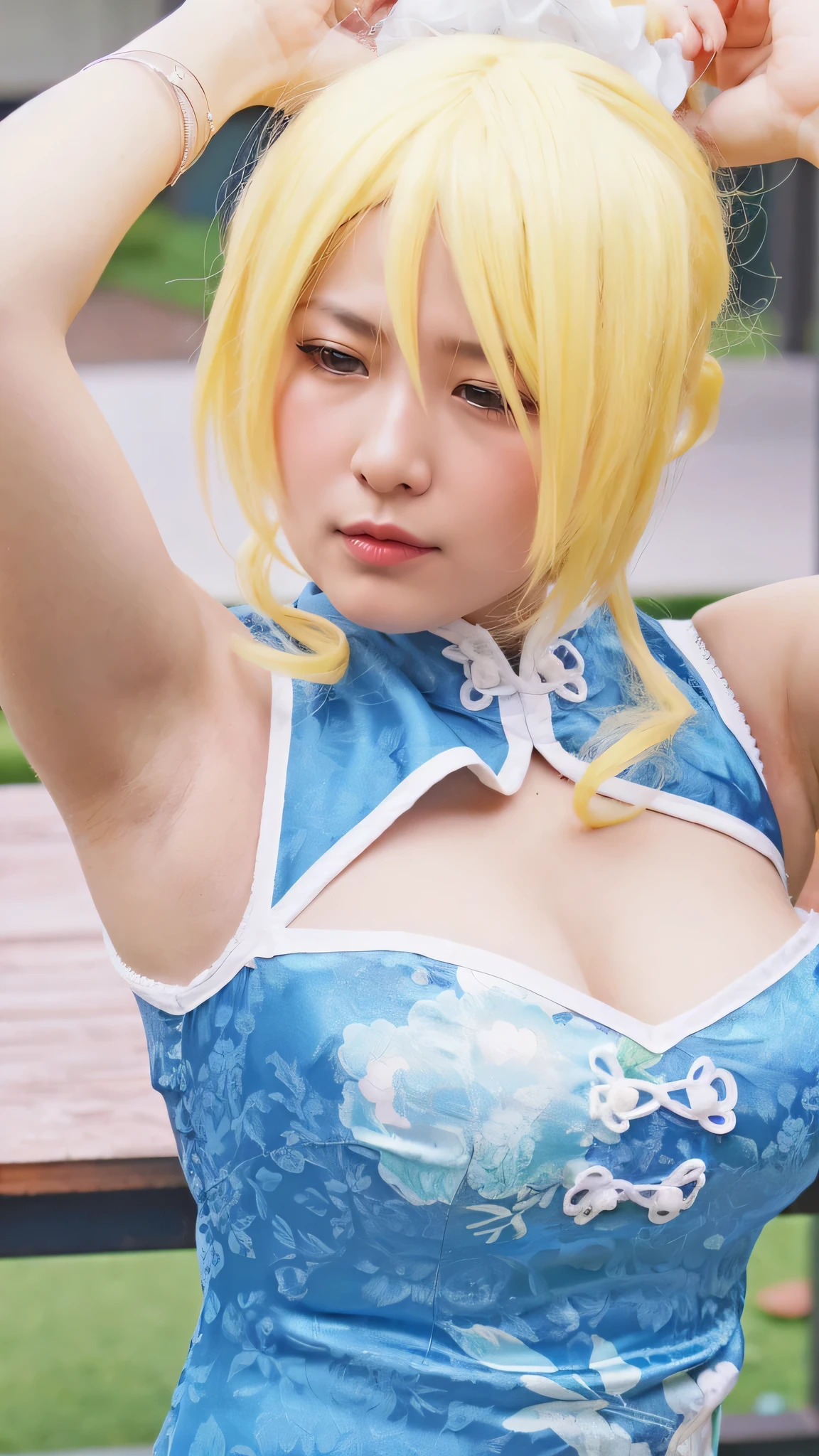 blond haired woman in blue dress posing for picture in outdoor setting, anime girl cosplay, cosplay photo, anime cosplay, ayaka cosplay, cosplay, , cosplayer, sakura kinomoto, cosplayer dressed like a crab, publicity cosplay, shikamimi, rei hiroe, closeup shot, sha xi, in a blue qipao, professional cosplay, lu ji