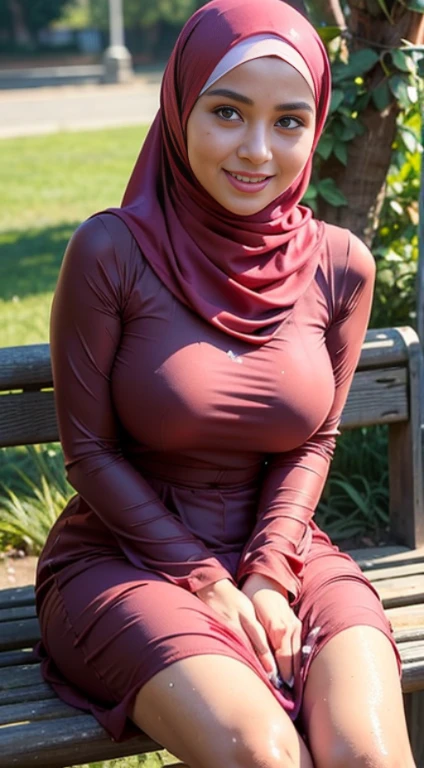 RAW, Best quality, high resolution, Masterpiece: 1.3), Beautiful Malay woman in hijab, Masterpiece, Perfect slim body, ((Big breasts)), Beautiful big eyes, water eyes, Soft smile, ((wearing tight red pastel floral malay gamis with closed hijab)), simple diamond necklace, ((closed clothes), ((polite clothes)), in the rain, sitting, english park, (((muslim dress))), full_body_shot, dramatic, backlit, light rays, volumetric lighting, detailed face, highly detailed, painting, wet skin, wet clothes, wet body, wet hair, drenched, soaked, round face, looking at viewer, smile, glossy clothes, oily clothes, varied poses