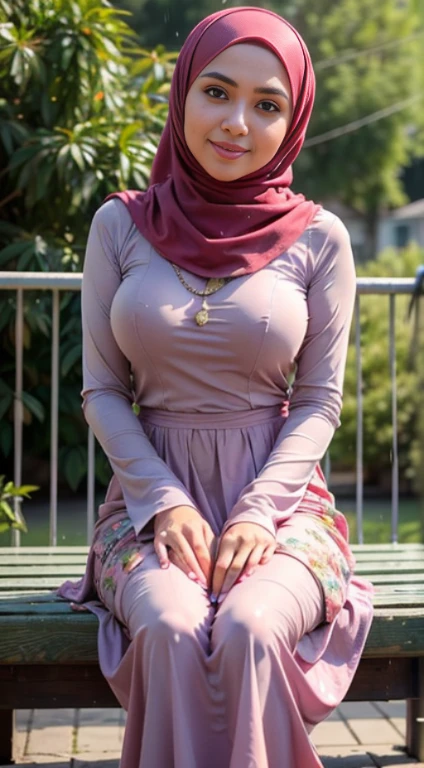 RAW, Best quality, high resolution, Masterpiece: 1.3), Beautiful Malay woman in hijab, Masterpiece, Perfect slim body, ((Big breasts)), Beautiful big eyes, water eyes, Soft smile, ((wearing tight red pastel floral malay gamis with closed hijab)), simple diamond necklace, ((closed clothes), ((polite clothes)), in the rain, sitting, english park, (((muslim dress))), full_body_shot, dramatic, backlit, light rays, volumetric lighting, detailed face, highly detailed, painting, wet skin, wet clothes, wet body, wet hair, drenched, soaked, round face, looking at viewer, smile, glossy clothes, oily clothes, varied poses