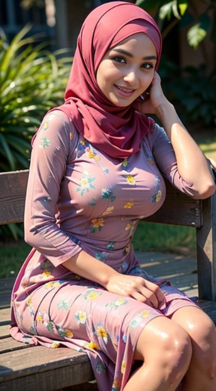 RAW, Best quality, high resolution, Masterpiece: 1.3), Beautiful Malay woman in hijab, Masterpiece, Perfect slim body, ((Big breasts)), Beautiful big eyes, water eyes, Soft smile, ((wearing tight floral malay gamis with closed hijab)), simple diamond necklace, ((closed clothes), ((polite clothes)), windy, skin details, skin texture details, wide hips, thick thighs, sexy body, morning time, laughing, happy, bright sunlight, flower garden path, blurred background, bokeh,