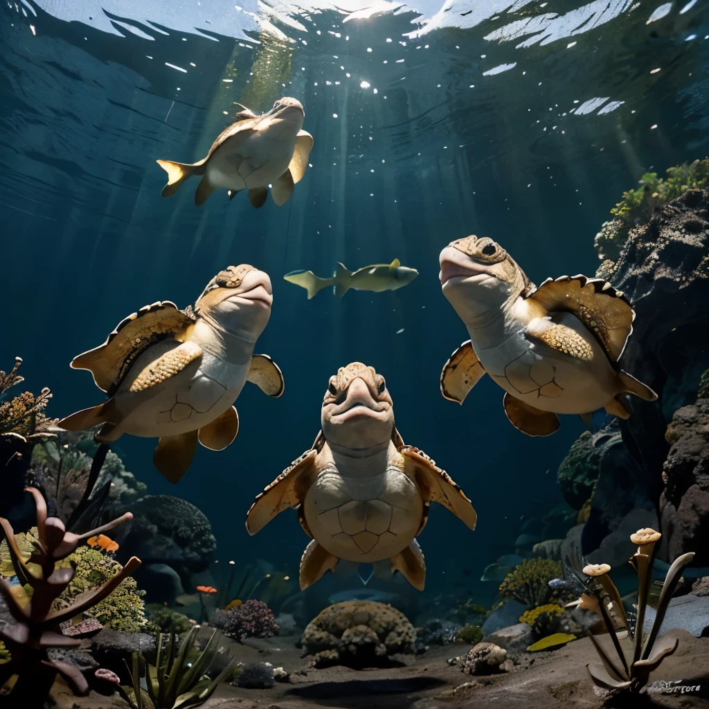 3 meninos, uma tartaruga e 6 peixes reunidos