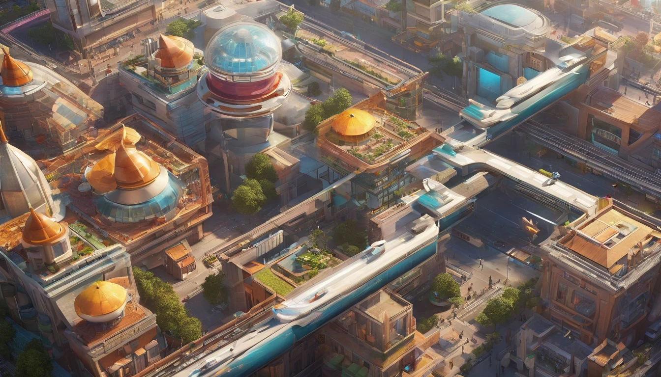 A captivating and immersive 3D render of a futuristic cityscape that showcases a multicultural community filled with vibrant colors and advanced architecture. Sleek skyscrapers, innovative apartment complexes, modern stores, and futuristic houses dominate the skyline, basking in the warm, golden hues of the sunrise. Flying cars zip through the sky, adding to the dynamic atmosphere, while raised sidewalks and a suspended skytrain seamlessly connect various parts of the city. A food vendor soars high on his intricate steampunk hovercraft, offering a taste of the era's unique cuisine. Simultaneously, a bustling construction site hums with activity as workers build the next iconic structure. The diverse inhabitants of this world engage in various activities, exemplifying the harmony and innovation of this futuristic metropolis. This spectacular scene is reminiscent of the Earth , in the 5th Element Movie