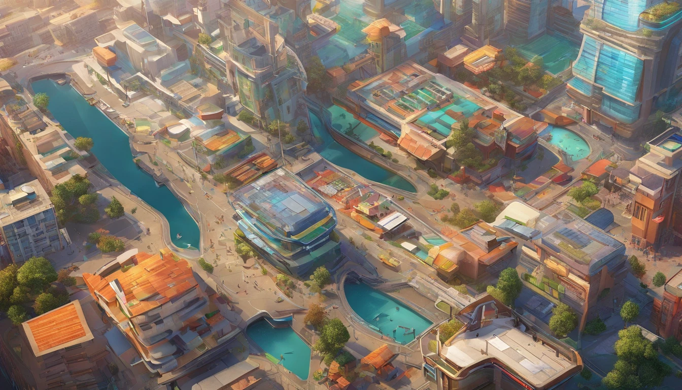 A captivating and immersive 3D render of a futuristic cityscape that showcases a multicultural community filled with vibrant colors and advanced architecture. Sleek skyscrapers, innovative apartment complexes, modern stores, and futuristic houses dominate the skyline, basking in the warm, golden hues of the sunrise. Flying cars zip through the sky, adding to the dynamic atmosphere, while raised sidewalks and a suspended skytrain seamlessly connect various parts of the city. A food vendor soars high on his intricate steampunk hovercraft, offering a taste of the era's unique cuisine. Simultaneously, a bustling construction site hums with activity as workers build the next iconic structure. The diverse inhabitants of this world engage in various activities, exemplifying the harmony and innovation of this futuristic metropolis. This spectacular scene is reminiscent of the Earth , in the 5th Element Movie