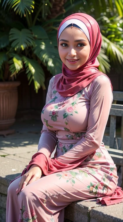 RAW, Best quality, high resolution, Masterpiece: 1.3), Beautiful Malay woman in hijab, Masterpiece, Perfect slim body, ((Big breasts)), Beautiful big eyes, water eyes, Soft smile, ((wearing tight red pastel floral malay gamis with closed hijab)), simple diamond necklace, ((closed clothes), ((polite clothes)), in the rain, sitting, english park, (((muslim dress))), full_body_shot, dramatic, backlit, light rays, volumetric lighting, detailed face, highly detailed, painting, wet skin, wet clothes, wet body, wet hair, drenched, soaked, round face, looking at viewer, smile, glossy clothes, oily clothes, varied poses