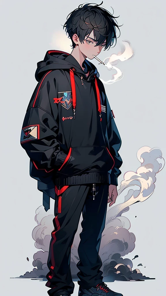 1 boy, (super detailed, high res, super detailed, top quality, awesome, top quality, very detailed CG Unity 8k), cool boy, full body, looking away, POV, not looking at viewer, smoking, cigarette in mouth, boy wearing oversize hoodie, cool, stylish,