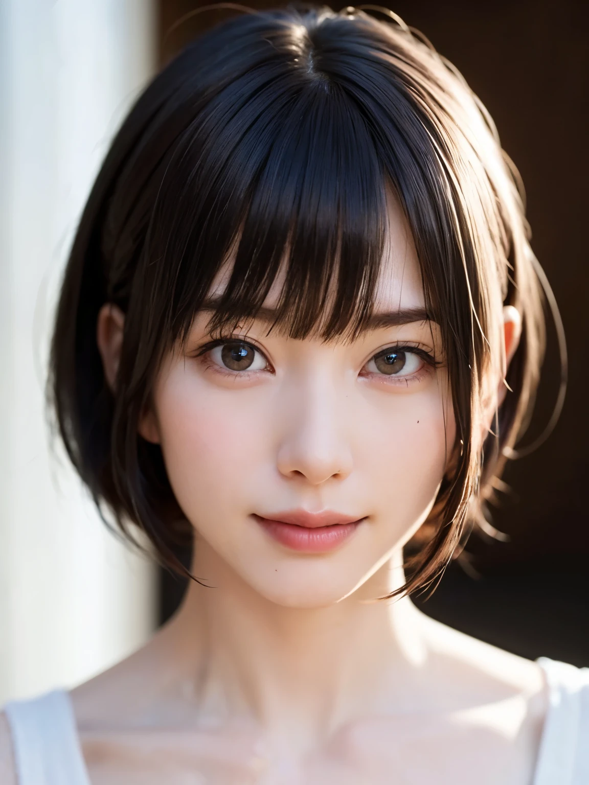 1 girl、highest quality、Realistic、alone、Written boundary depth、Natural soft light、Daytime、charm、Beautiful Face、Cleanliness、Pure Face、White skin、cute、Bob Hair、short hair、bright hazel eyes:1.6、Beautiful Lips、美しいLong neck、Beautiful décolletage、bangs、Beach、Light of the sun、Nedium Breast Body Esbian、((黄金比のBeautiful Face、 対称性のあるBeautiful Face、Dutch Angle Shot、Elevation))、Long neck、Show me your ears、Stick out your ears。bangsのあるきれいな短いBob Hair、smile with your mouth closed、Perfect hands指、Perfect hands、Perfect body、Perfect Face、Shine a light into your eyes、Perfect ???????:1.6、とてもcuteスーパーモデル:1.6、{Huge|big|Hugeな|Mega} chest, chestの谷間、smile:1.6、Very beautiful teeth:1.6