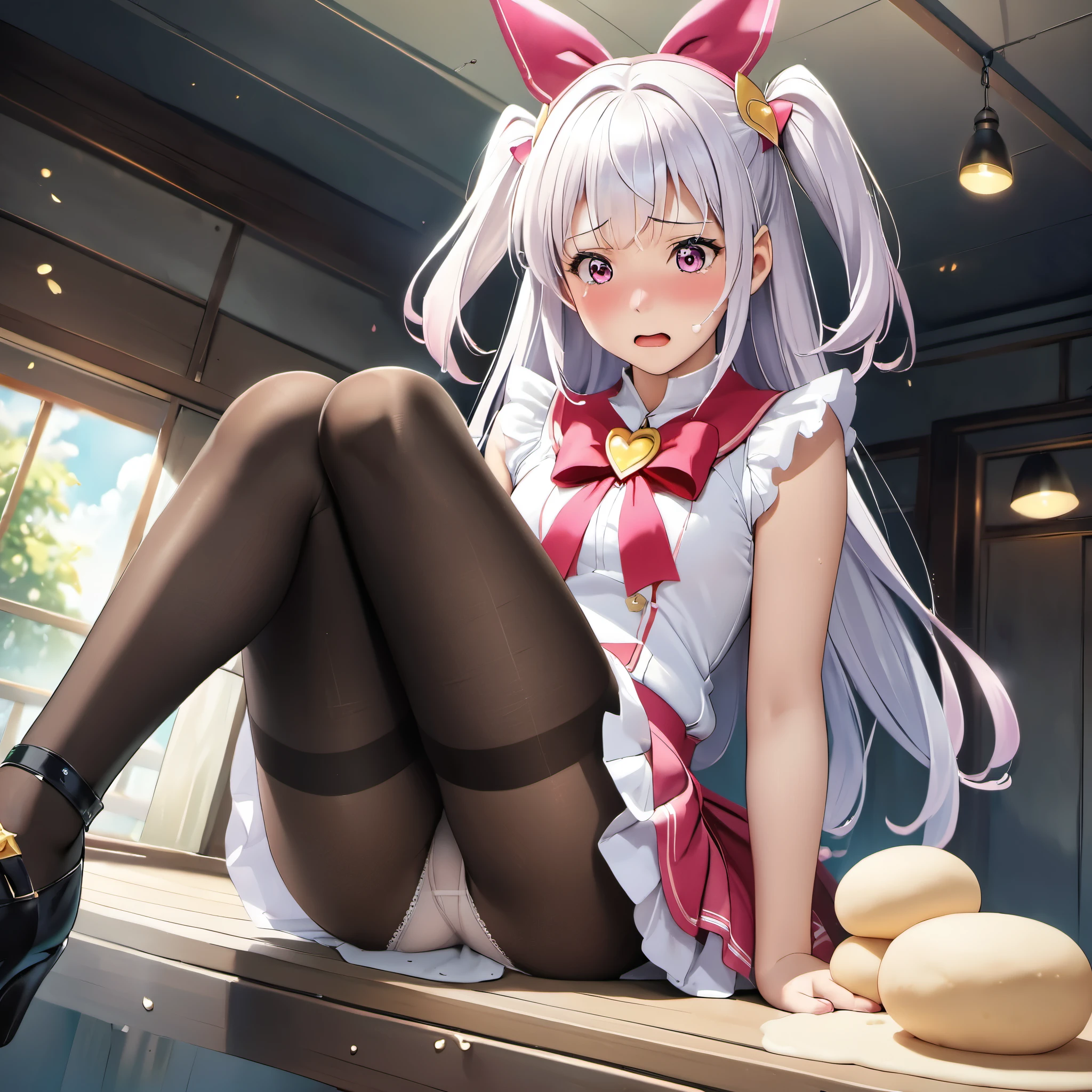 1girl, magical girl, panties,skirtlift,((upskirt)),((pantyshot)),(white panty),((Small panties)),(((Thin panties of dough))),(((black pantyhose))),white race panty, ,Are crying,Anguished expression、Embarrassed look,8k,Realistic、Anime illustration,CG